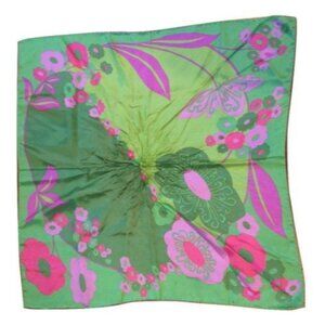 Vintage Green Pink Floral Silk Square Scarf Midcentury Design